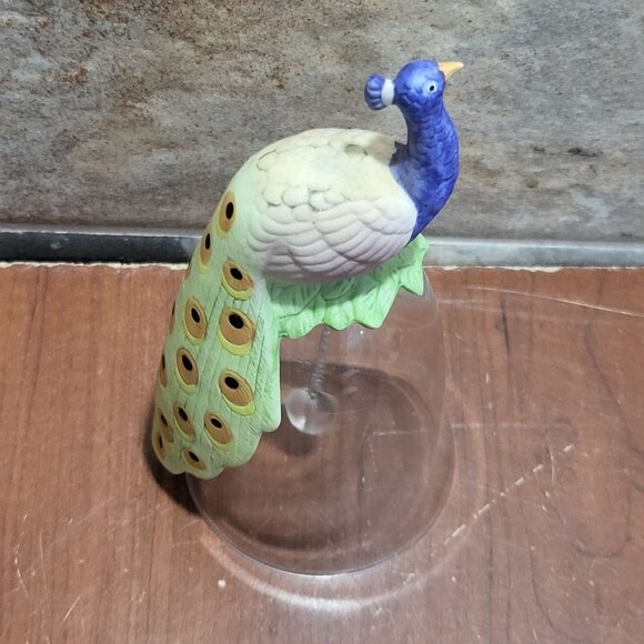 Peacock Bird Figurine on Crystal Glass Bell Silver Tone Chain Glass Ball - Picture 4 of 11